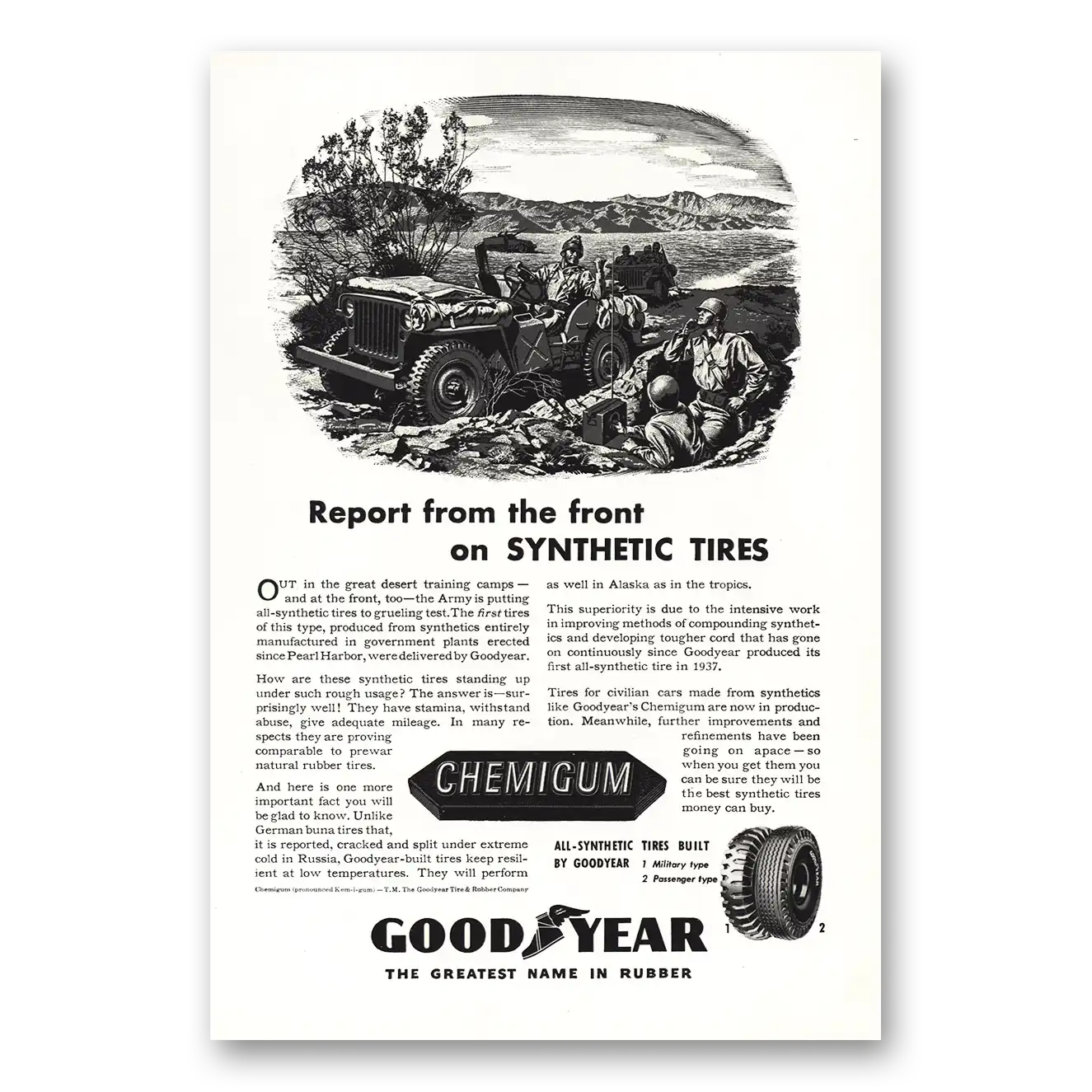 1943 Goodyear Tires Synthetic Tires Chemigum Report From the Front Vintage Magazine Print Ad