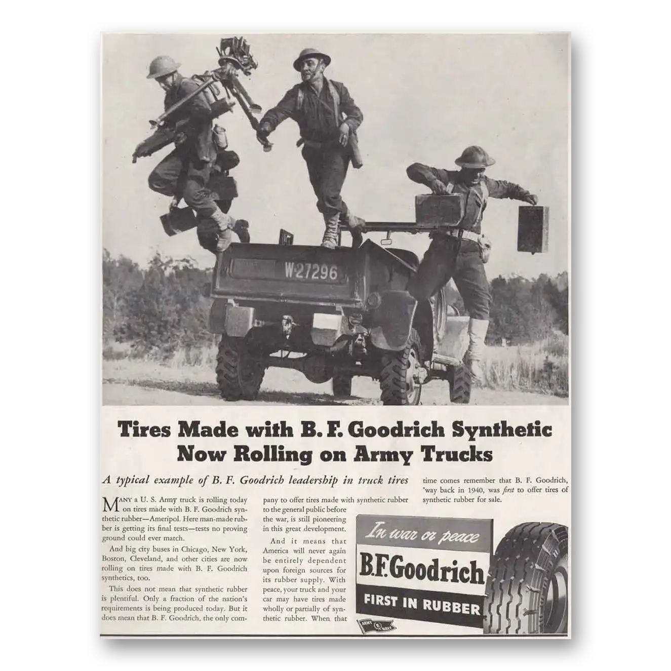 1943 Goodrich Tires Rolling on Army Trucks Vintage Magazine Print Ad