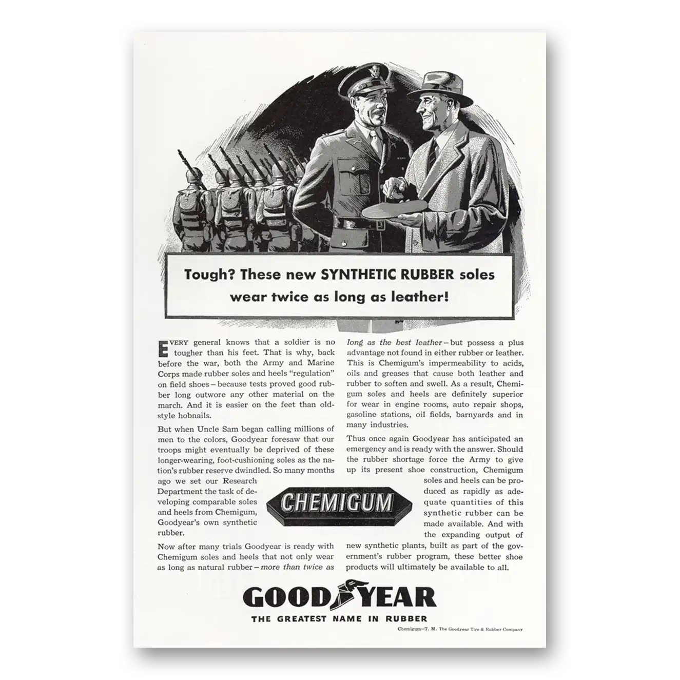 1943 Goodyear Chemicals Synthetic Rubber Soles Wear Twice as Long Vintage Magazine Print Ad