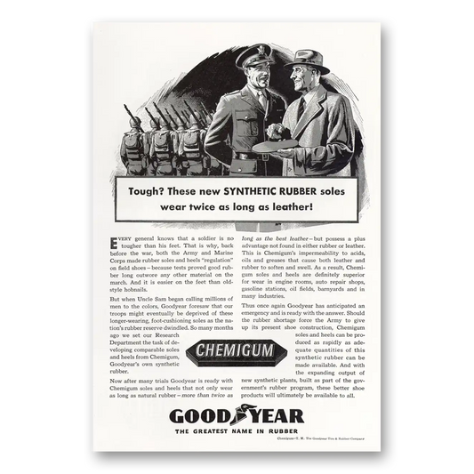 1943 Goodyear Chemicals Synthetic Rubber Soles Wear Twice as Long Vintage Magazine Print Ad