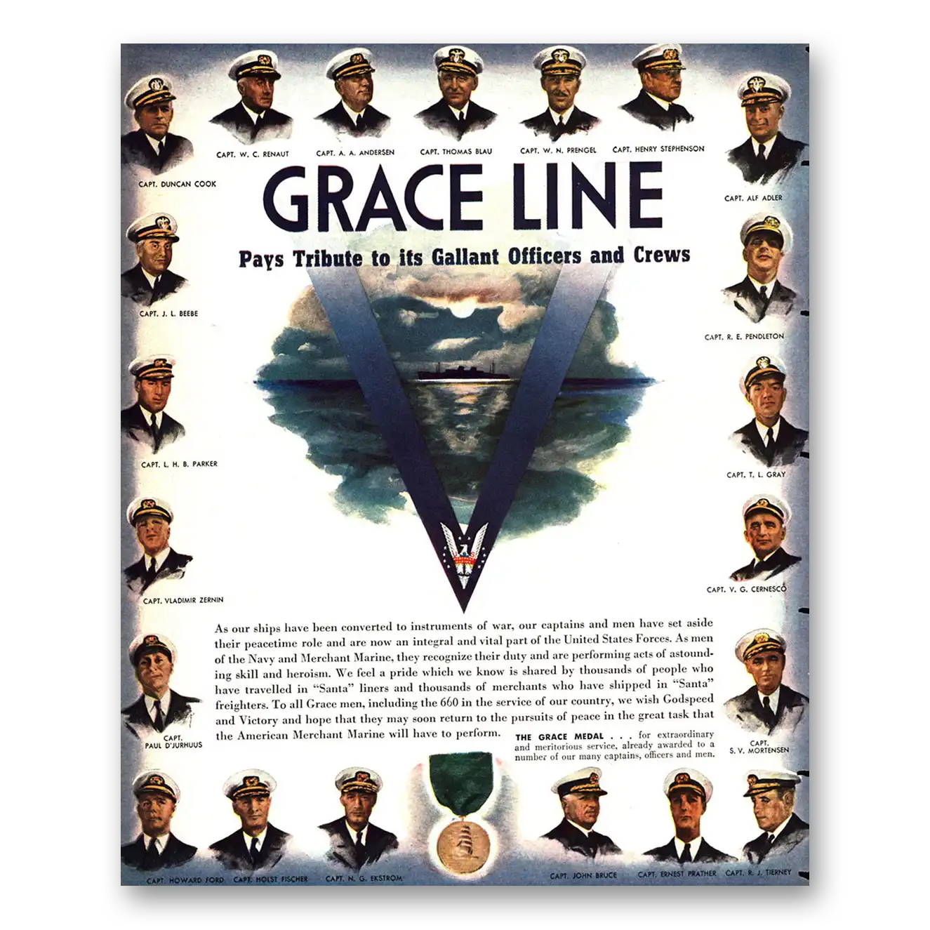 1943 Grace Line Gallant Officers and Crews Vintage Magazine Print Ad