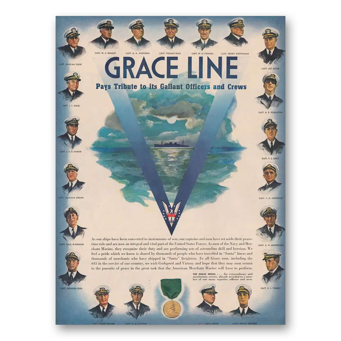 1943 Grace Line Pays Tribute to Its Gallant Officers and Crews Vintage Magazine Print Ad