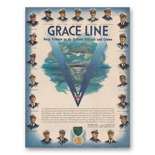 1943 Grace Line Pays Tribute to Its Gallant Officers and Crews Vintage Magazine Print Ad