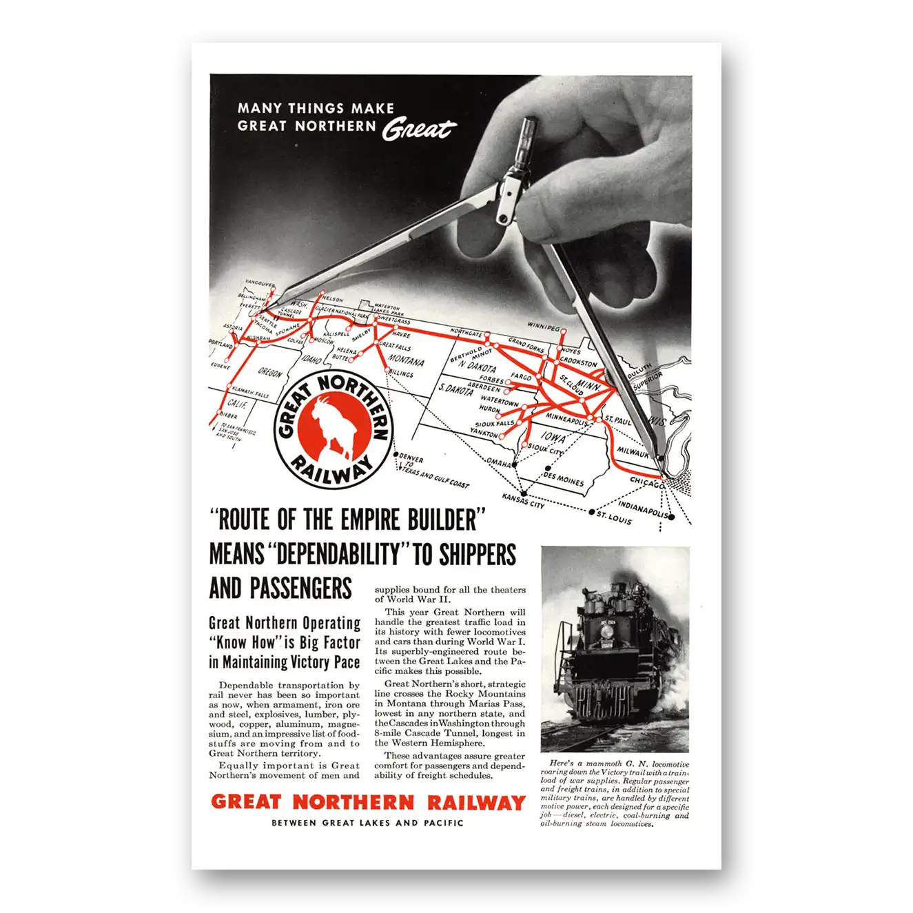 1943 Great Northern Railway Route of the Empire Builder Vintage Magazine Print Ad