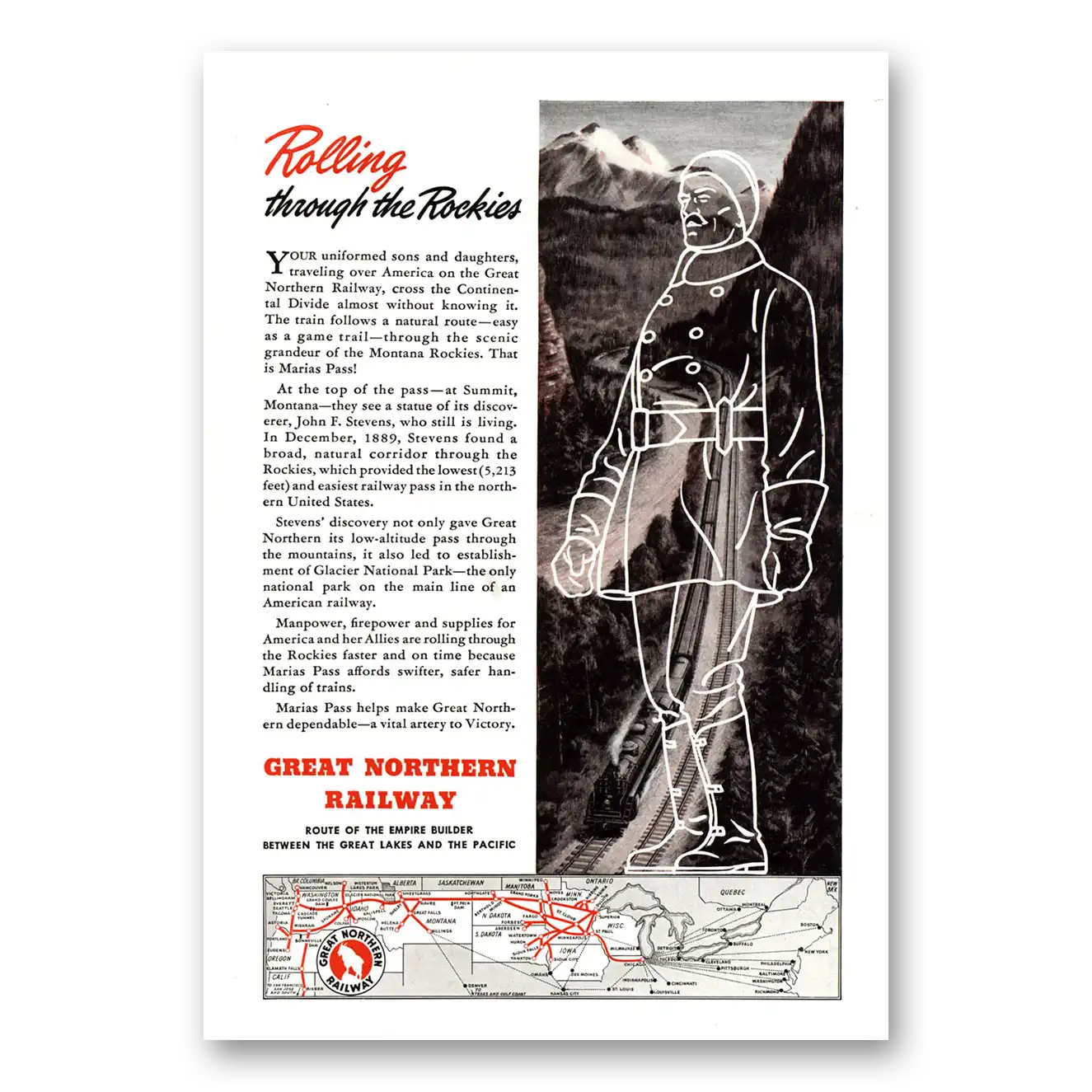 1943 Great Northern Railway Rolling Through the Rockies Vintage Magazine Print Ad