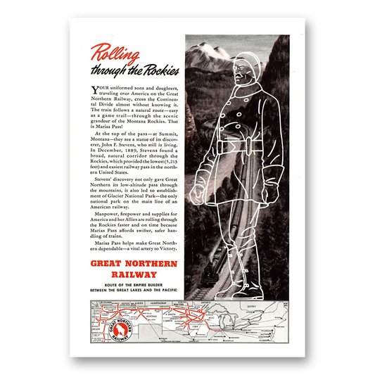 1943 Great Northern Railway Rolling Through the Rockies Vintage Magazine Print Ad