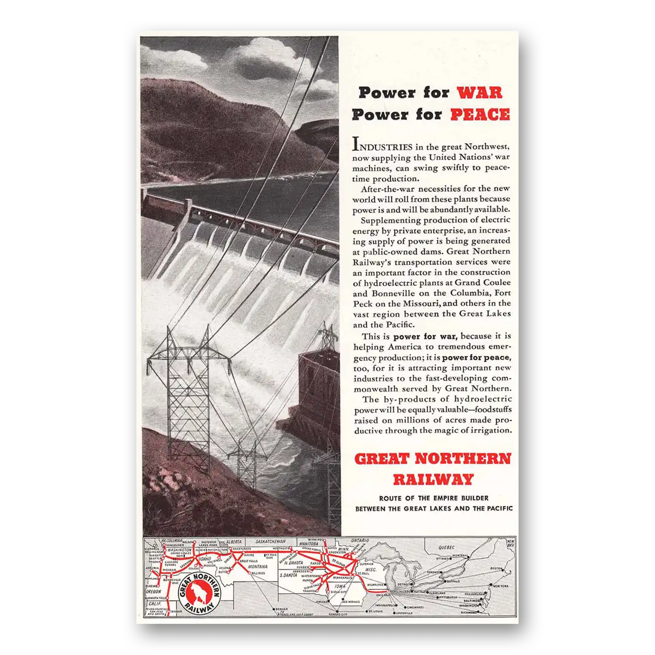 1943 Great Northern Railway Power for War Vintage Magazine Print Ad