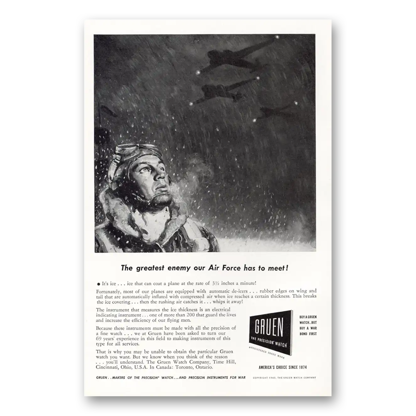 1943 Gruen Watch Greatest Enemy Our Air Force Has to Meet Vintage Magazine Print Ad