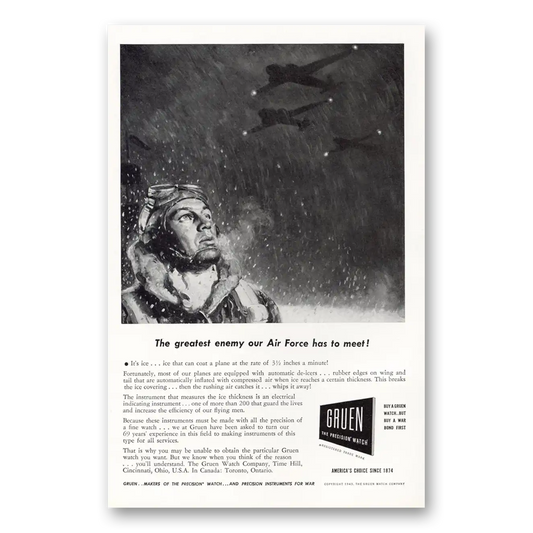 1943 Gruen Watch Greatest Enemy Our Air Force Has to Meet Vintage Magazine Print Ad