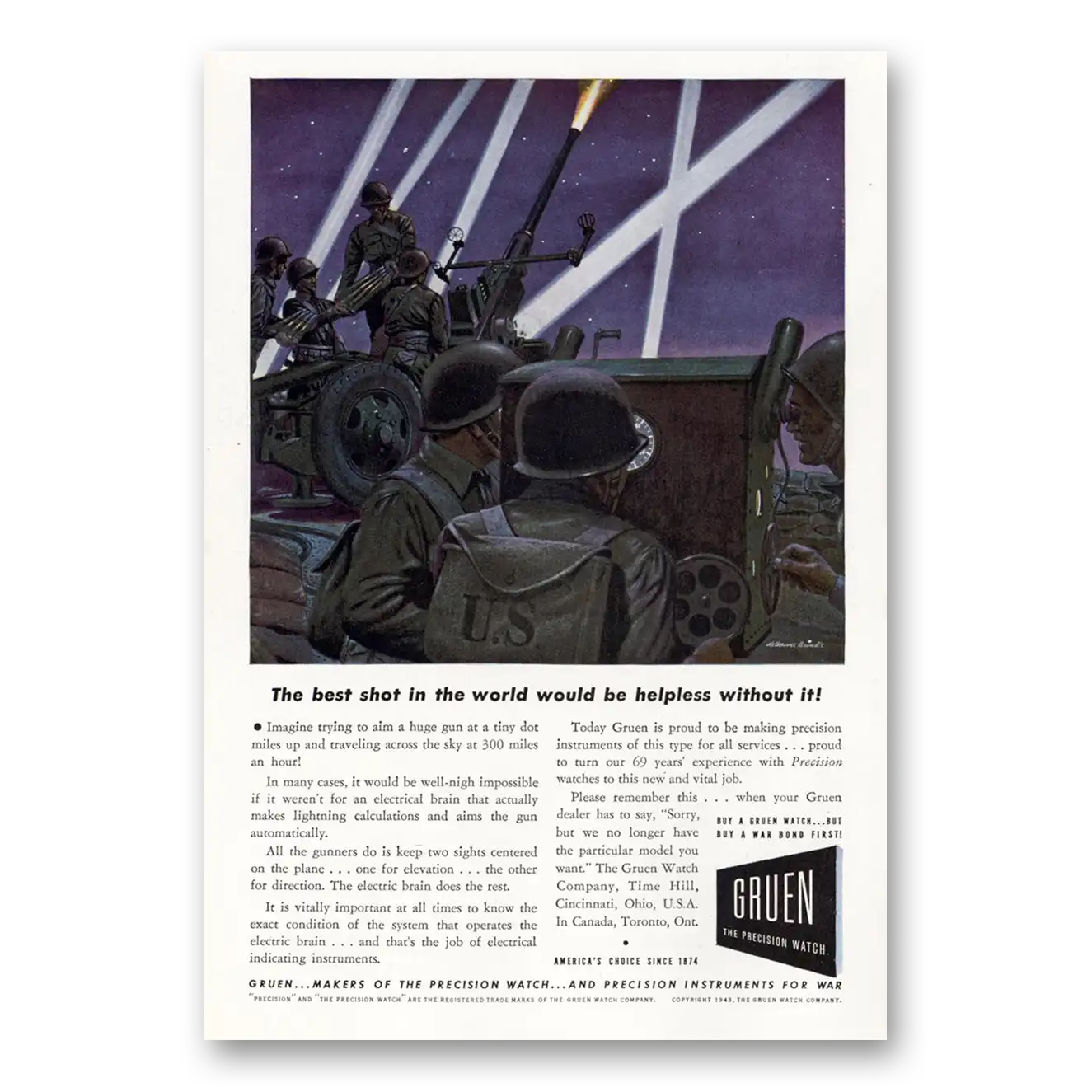 1943 Gruen Watch Best Shot In the World Vintage Magazine Print Ad