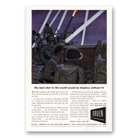 1943 Gruen Watch Best Shot In the World Vintage Magazine Print Ad