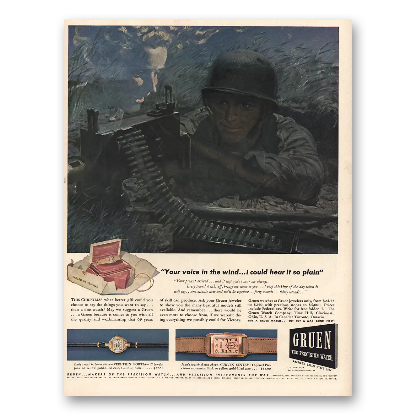 1943 Gruen Watch Your Voice In the Wind Vintage Magazine Print Ad