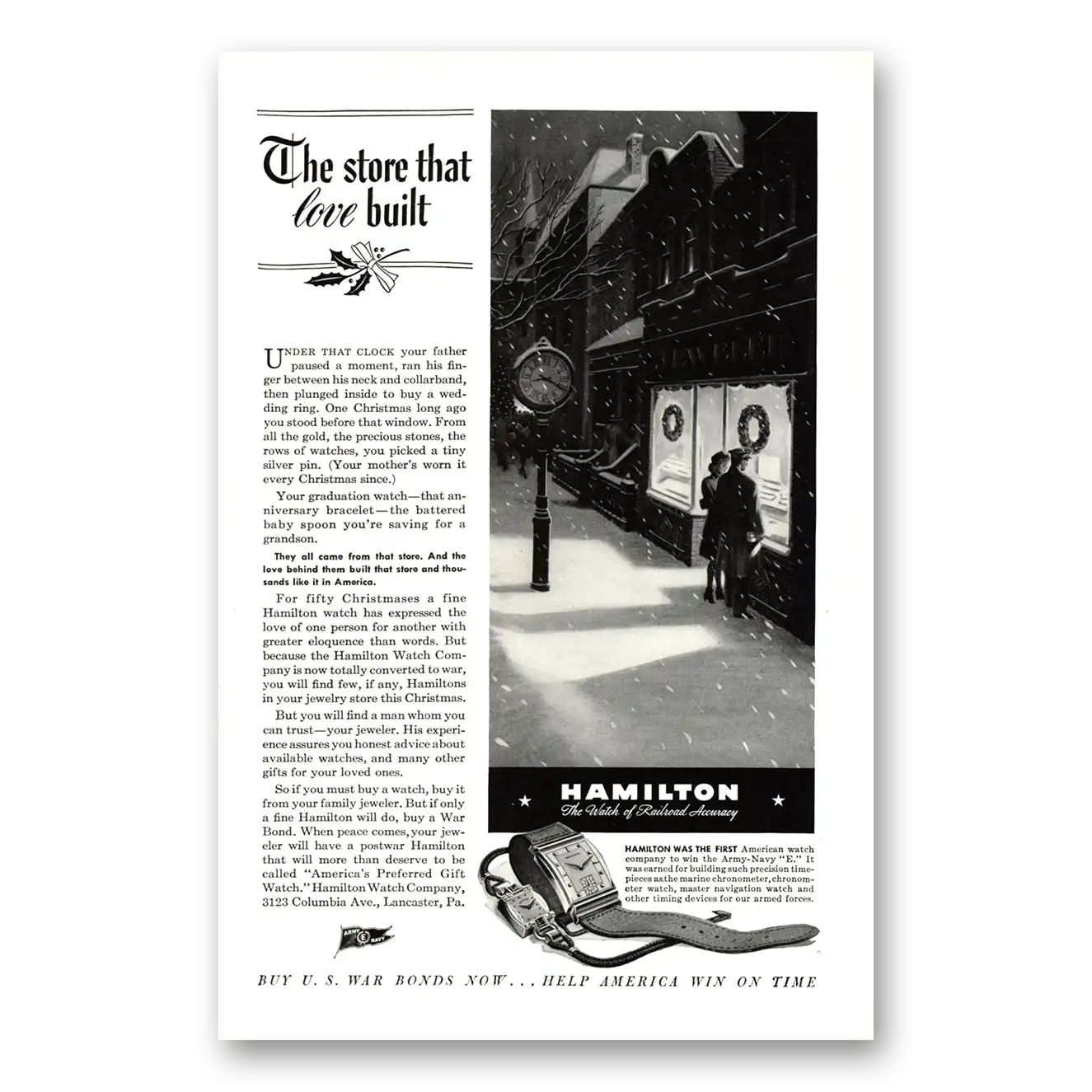 1943 Hamilton Watch Store That Love Built Vintage Magazine Print Ad