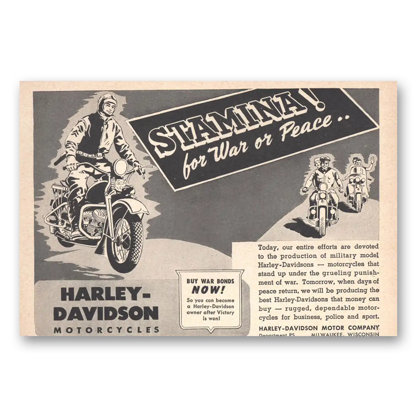 1943 Harley Davidson Stamina for War or Peace Vintage Magazine Print Ad