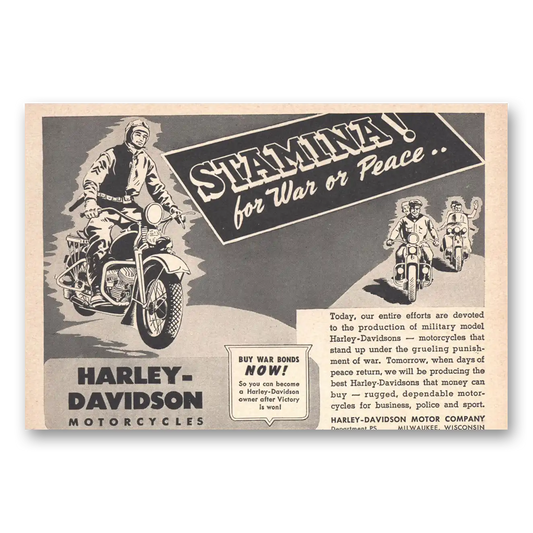 1943 Harley Davidson Stamina for War or Peace Vintage Magazine Print Ad