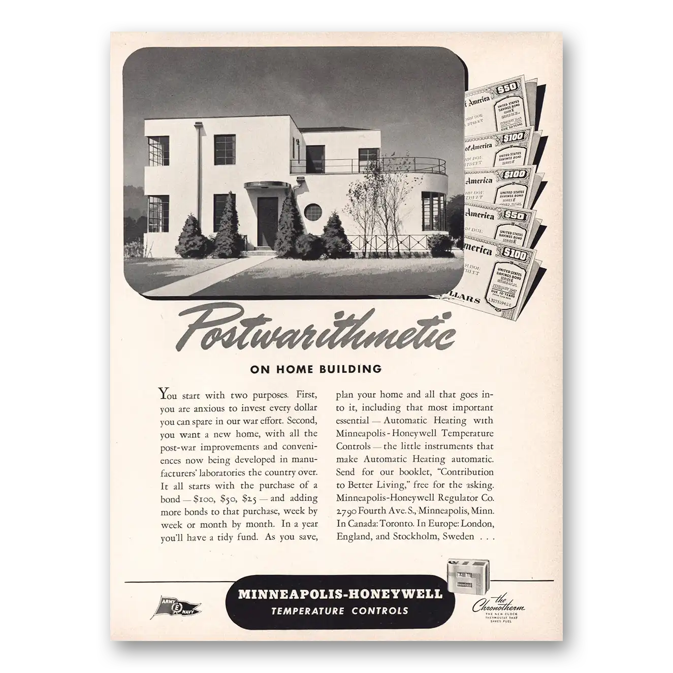 1943 Minneapolis Honeywell Postwarithmetic Home Building Vintage Magazine Print Ad