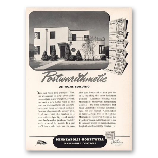 1943 Minneapolis Honeywell Postwarithmetic Home Building Vintage Magazine Print Ad