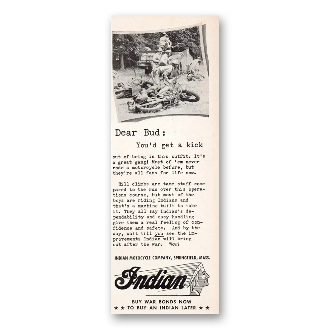 1943 Indian Motorcycle Dear Bud You'd Get a Kick Vintage Magazine Print Ad