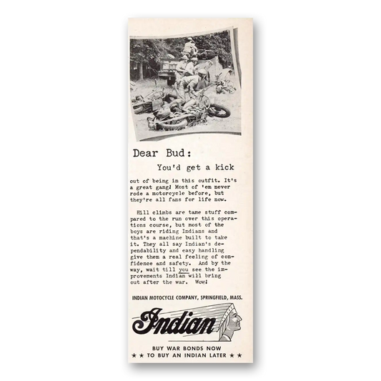 1943 Indian Motorcycle Dear Bud You'd Get a Kick Vintage Magazine Print Ad