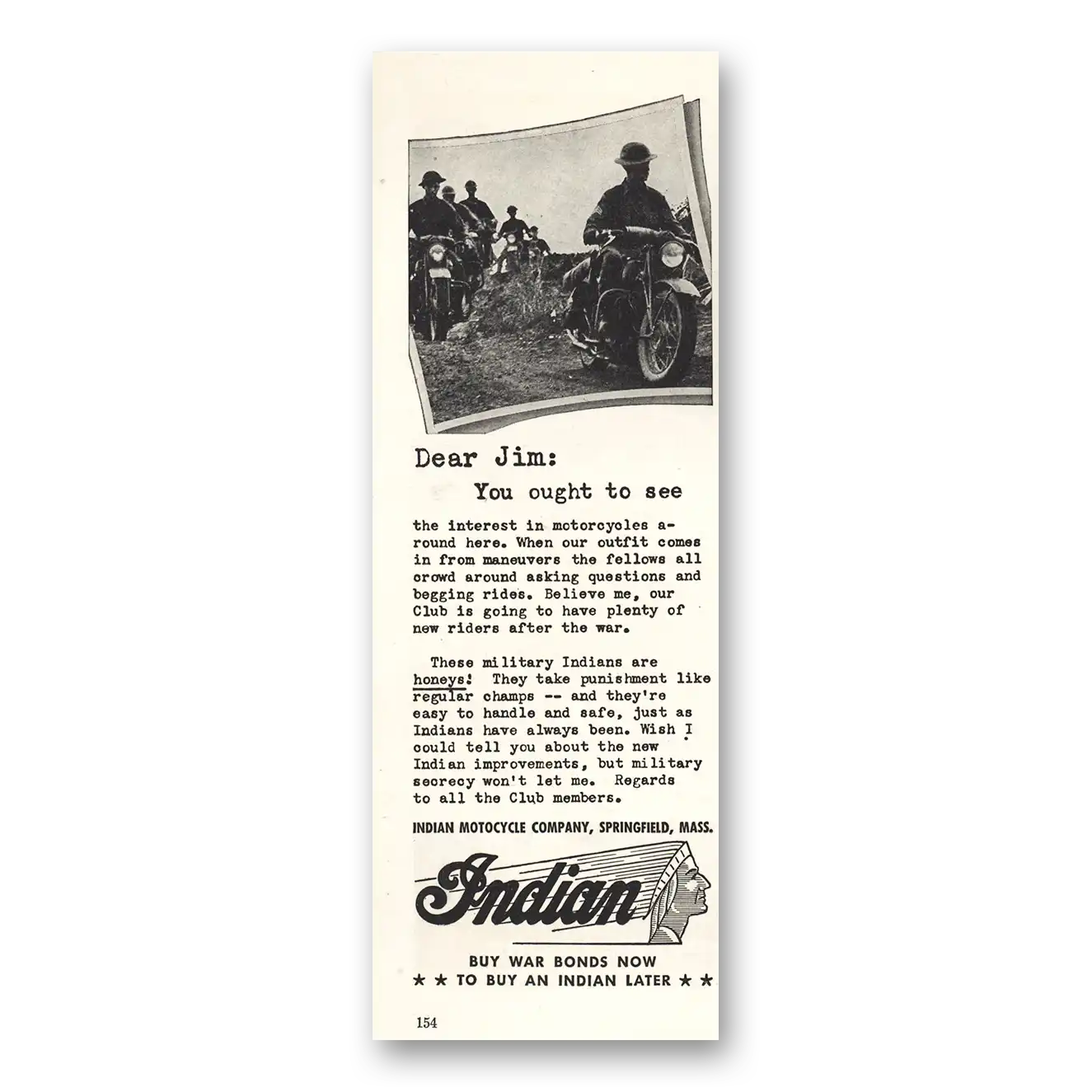 1943 Indian Motorcycle Dear Jim Vintage Magazine Print Ad