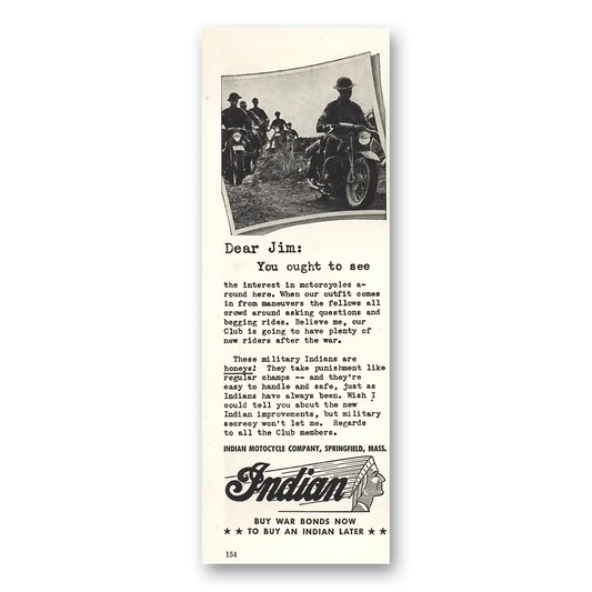 1943 Indian Motorcycle Dear Jim Vintage Magazine Print Ad