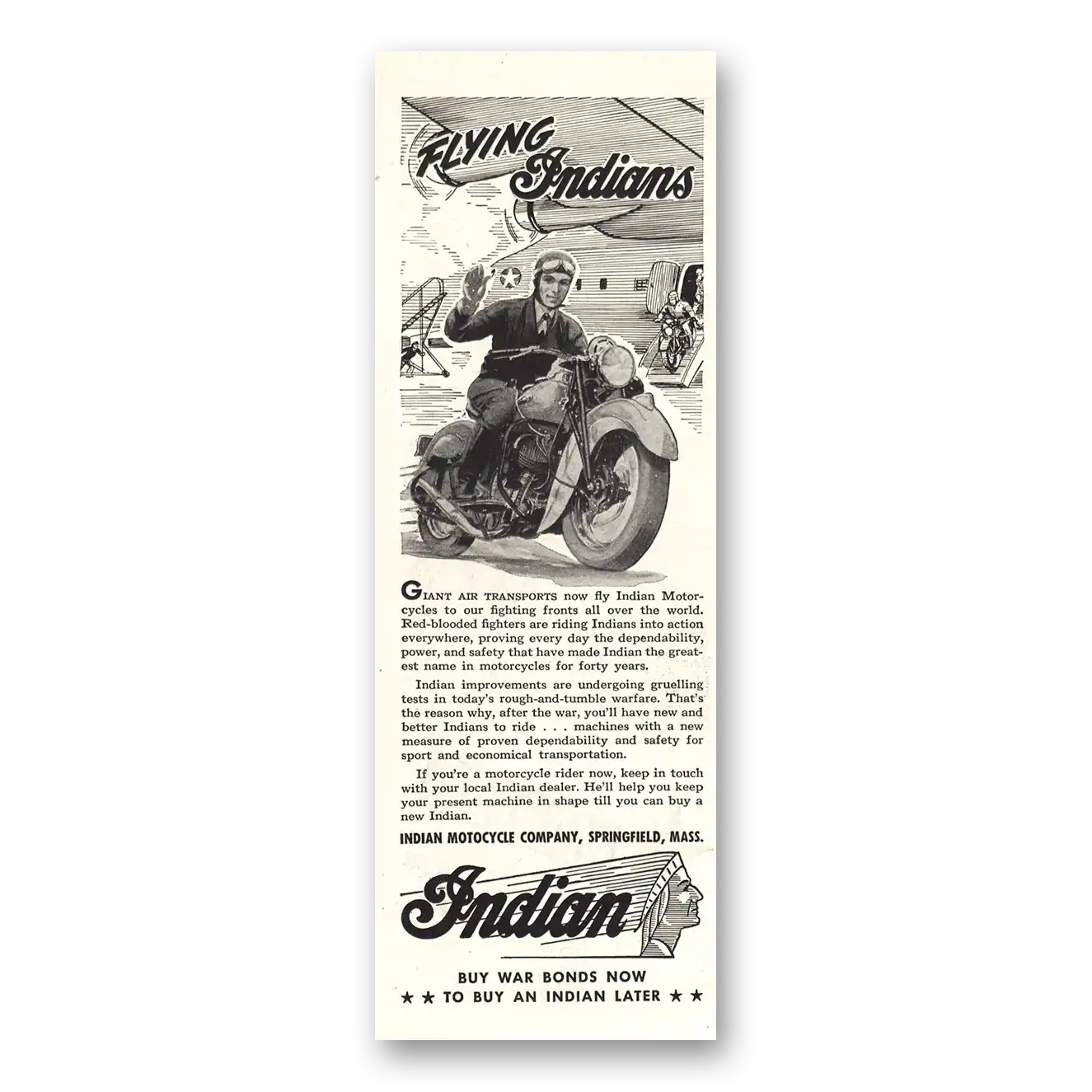 1943 Indian Motorcycle Flying Indians Vintage Magazine Print Ad