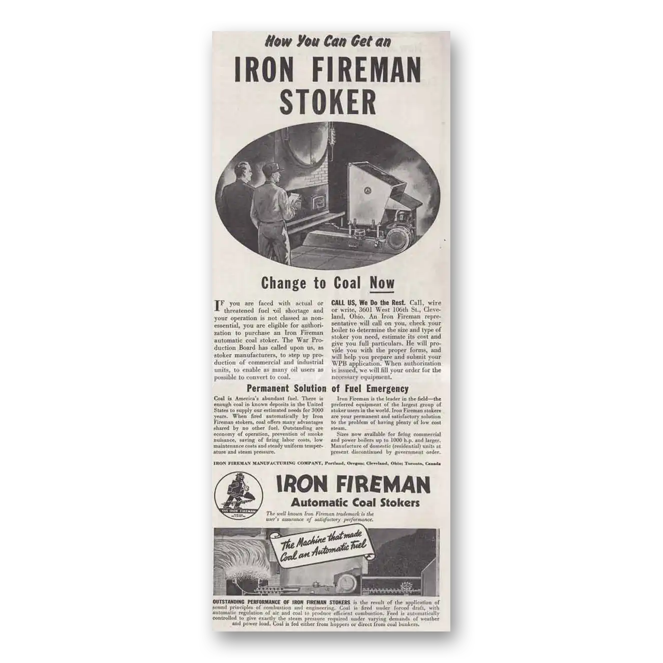 1943 Iron Fireman Automatic Coal Stokers Change to Coat Vintage Magazine Print Ad