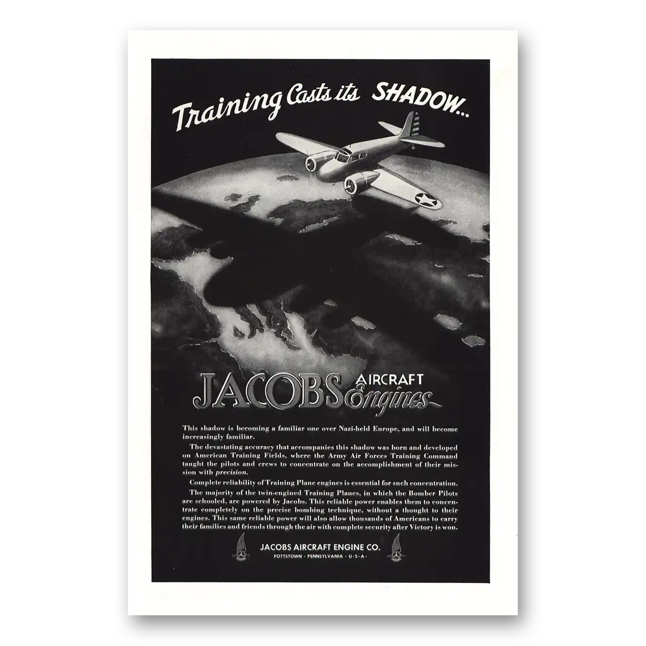 1943 Jacobs Aircraft Engines Training Casts Its Shadow Vintage Magazine Print Ad