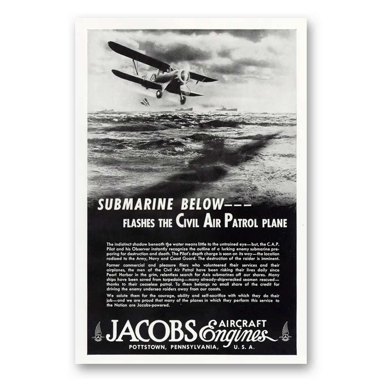 1943 Jacobs Aircraft Engines Submarine Below Vintage Magazine Print Ad