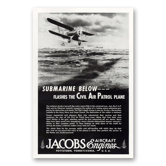 1943 Jacobs Aircraft Engines Submarine Below Vintage Magazine Print Ad