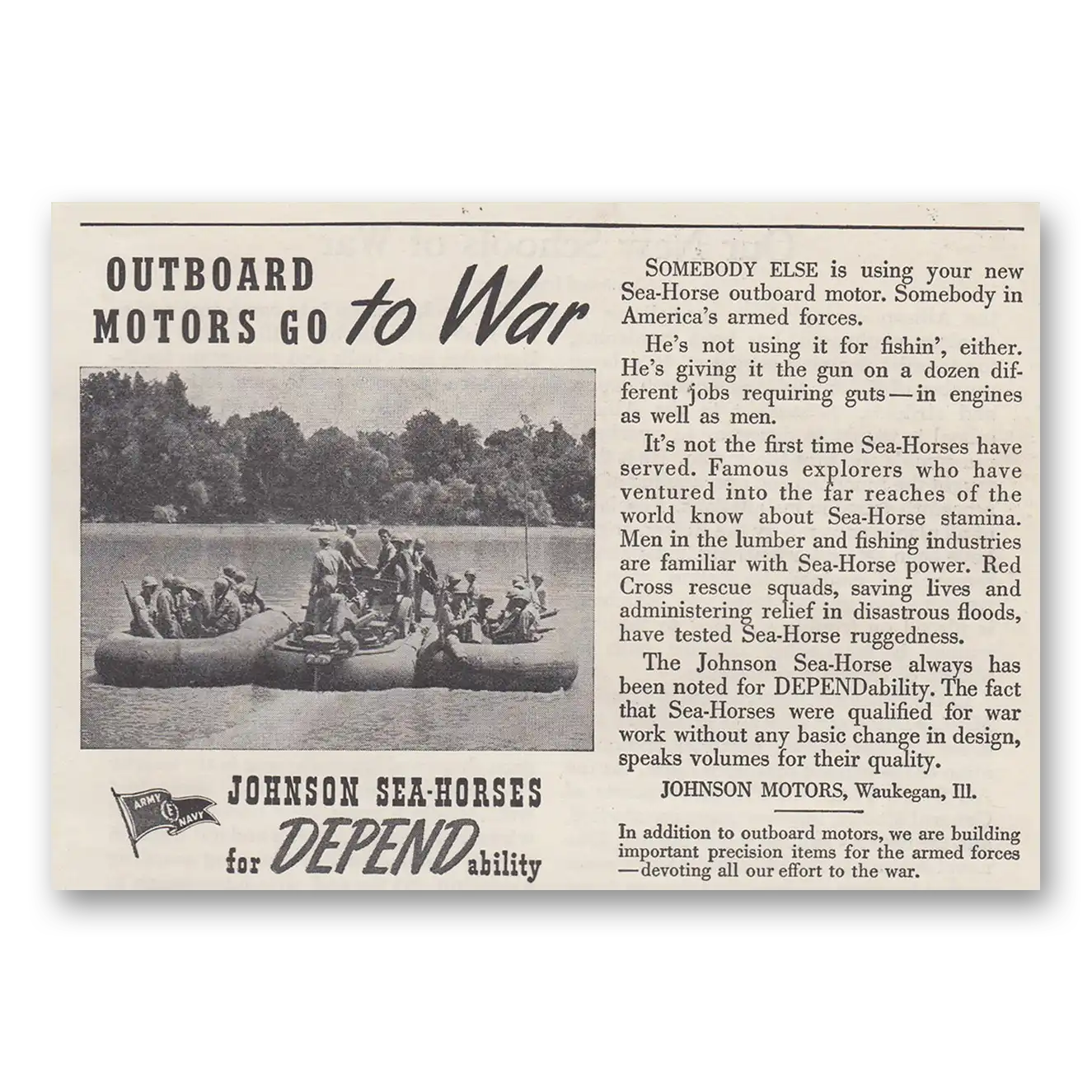 1943 Johnson Sea Horse Motors Outboard Motors Go to War Vintage Magazine Print Ad