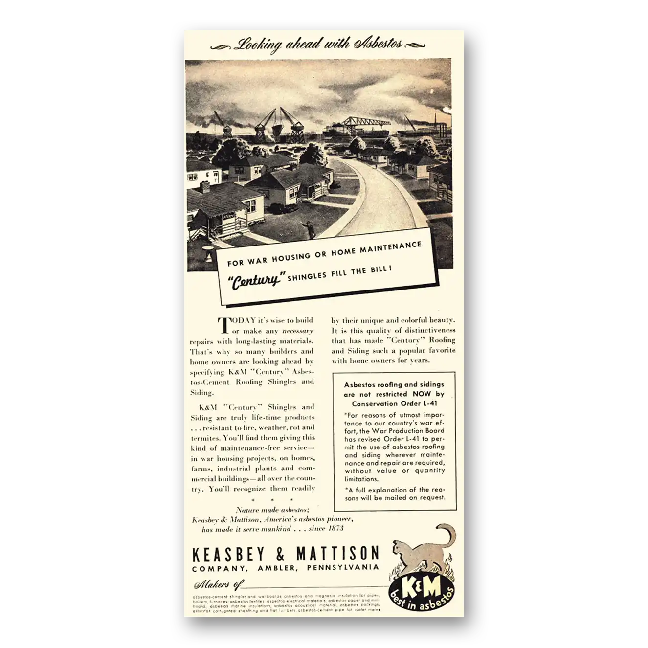 1943 Keasbey & Mattison Century Shingles Fill the Bill Vintage Magazine Print Ad