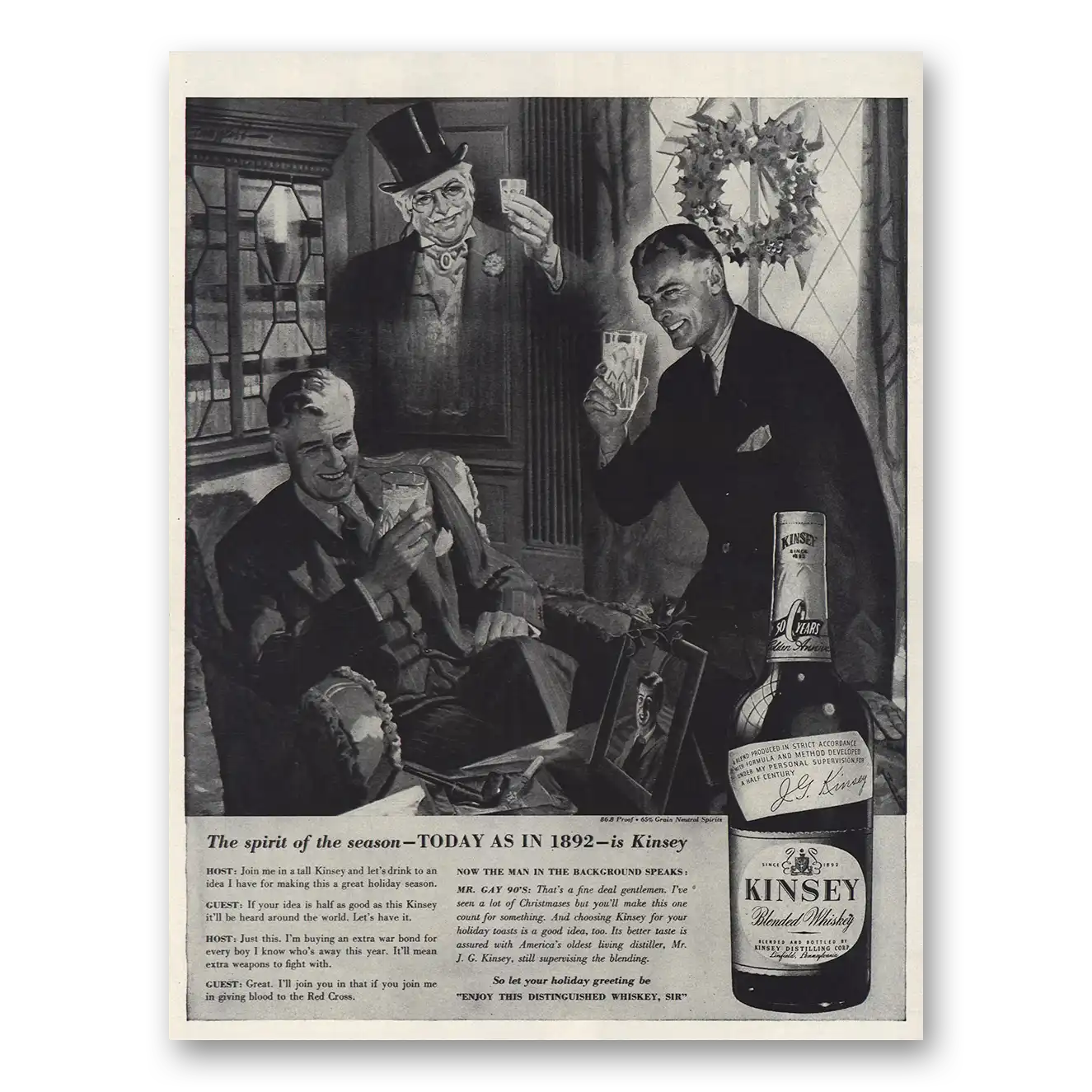 1943 Kinsey Whiskey The Spirit of the Season Vintage Magazine Print Ad