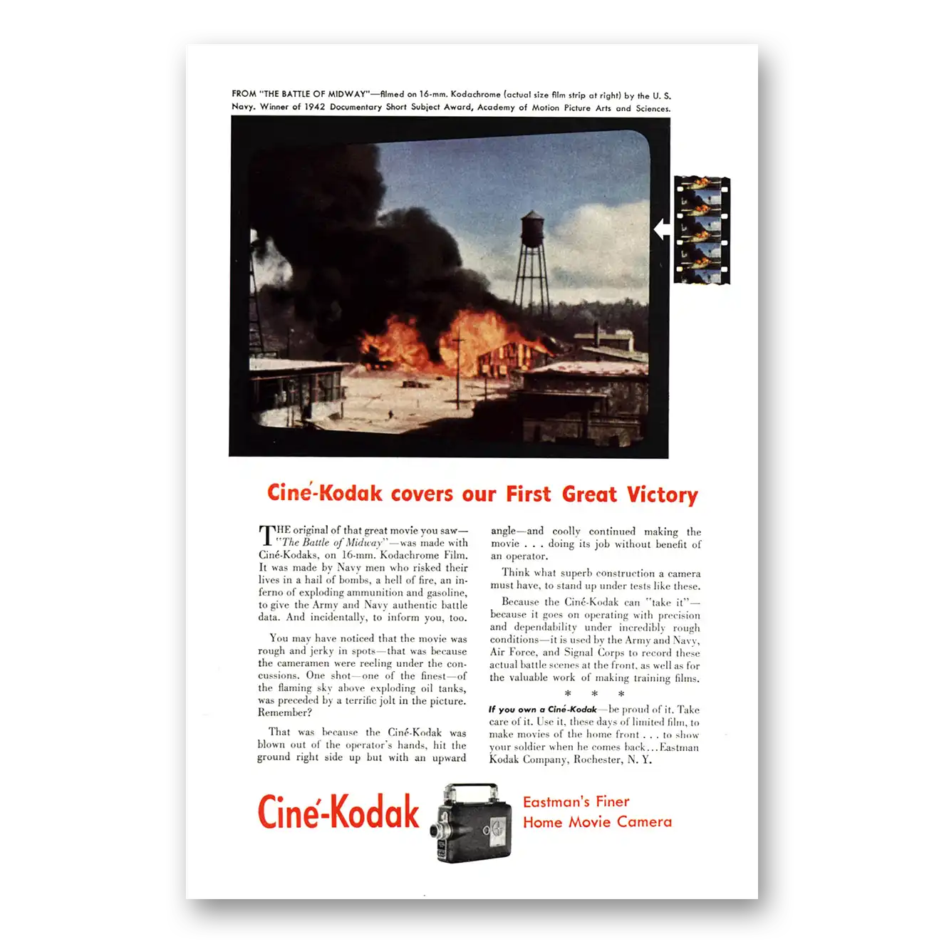 1943 Cine Kodak Camera Battle of Midway First Great Victory Vintage Magazine Print Ad