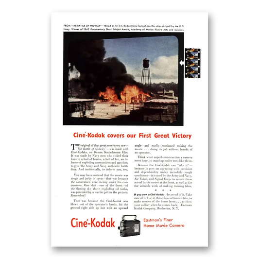 1943 Cine Kodak Camera Battle of Midway First Great Victory Vintage Magazine Print Ad