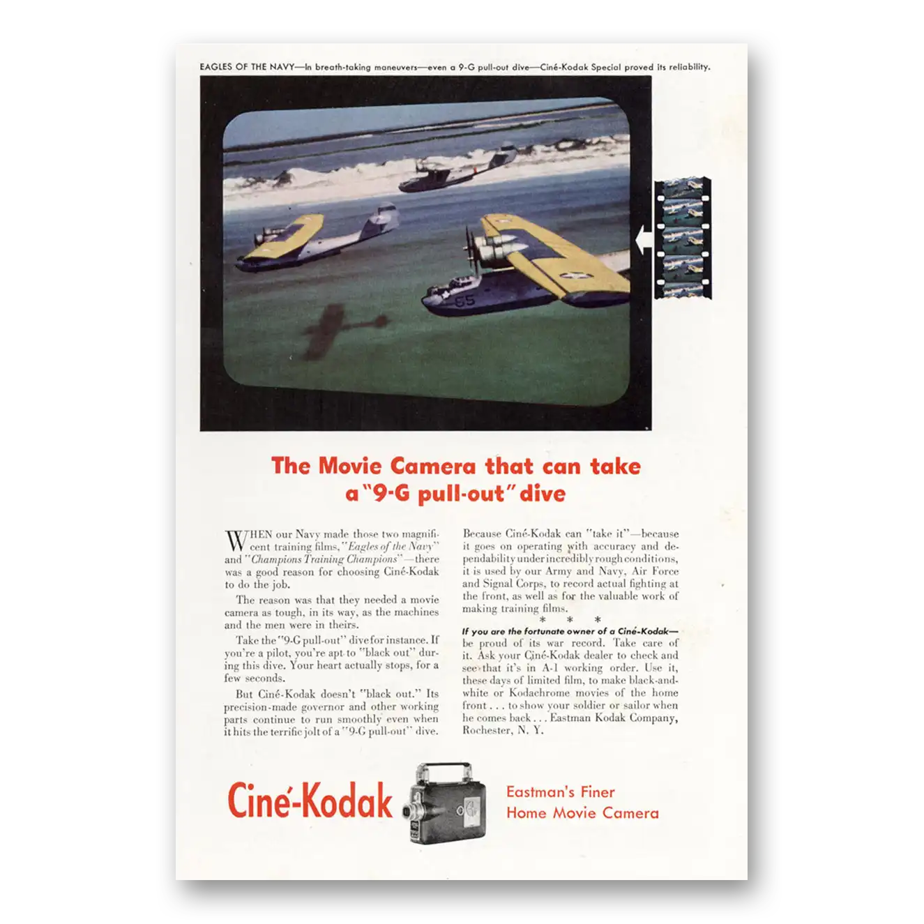 1943 Cine Kodak Movie Camera Take a 9G Pull Out Dive Vintage Magazine Print Ad