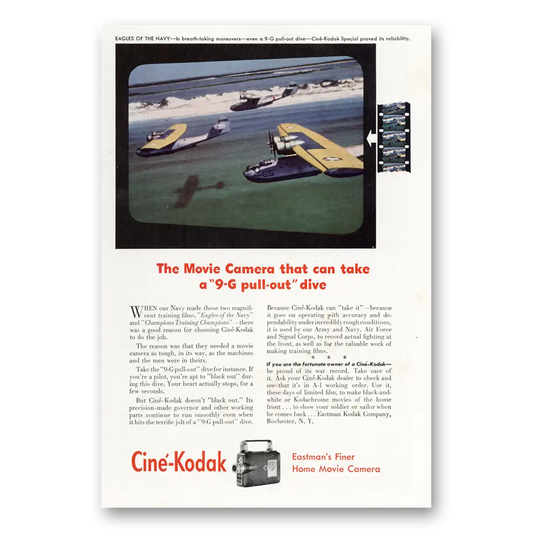 1943 Cine Kodak Movie Camera Take a 9G Pull Out Dive Vintage Magazine Print Ad