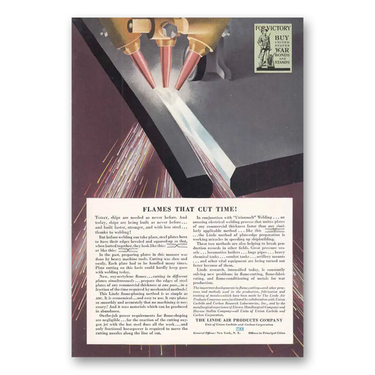 1943 Linde Air Products Flames That Cut Time Vintage Magazine Print Ad