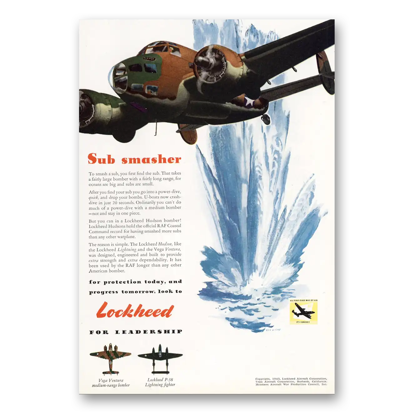 1943 Lockheed Hudson Sub Smasher Vintage Magazine Print Ad