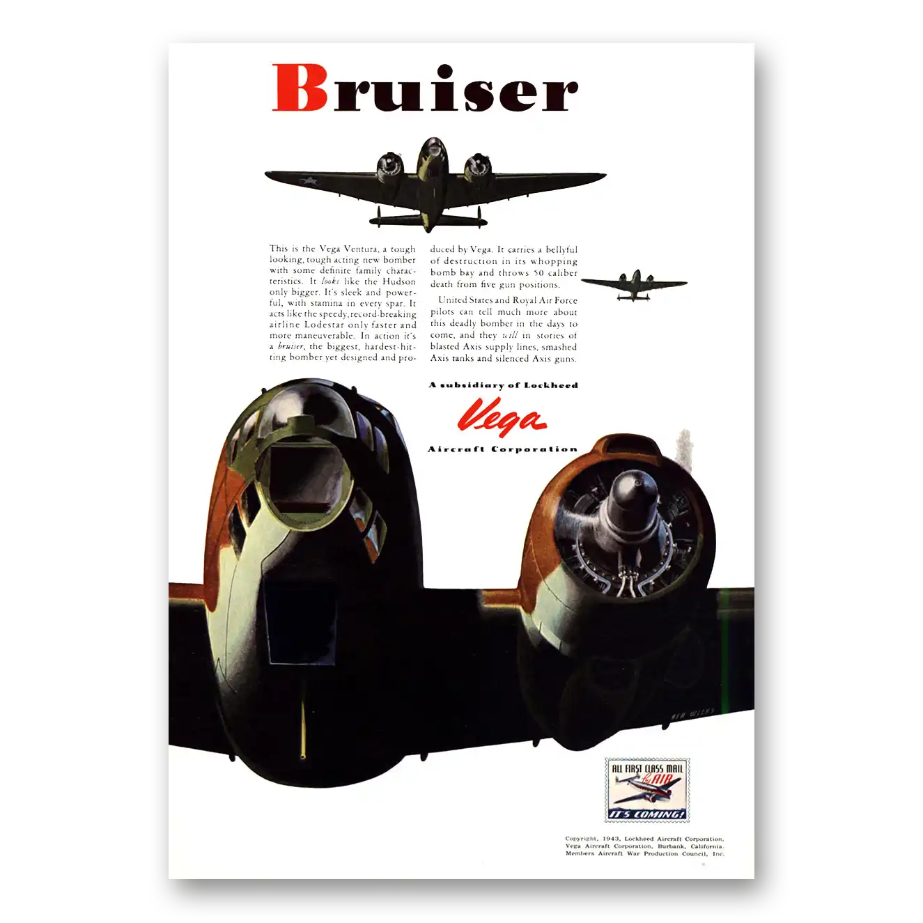 1943 Vega Aircraft Ventura Bruiser Tough Looking Vintage Magazine Print Ad