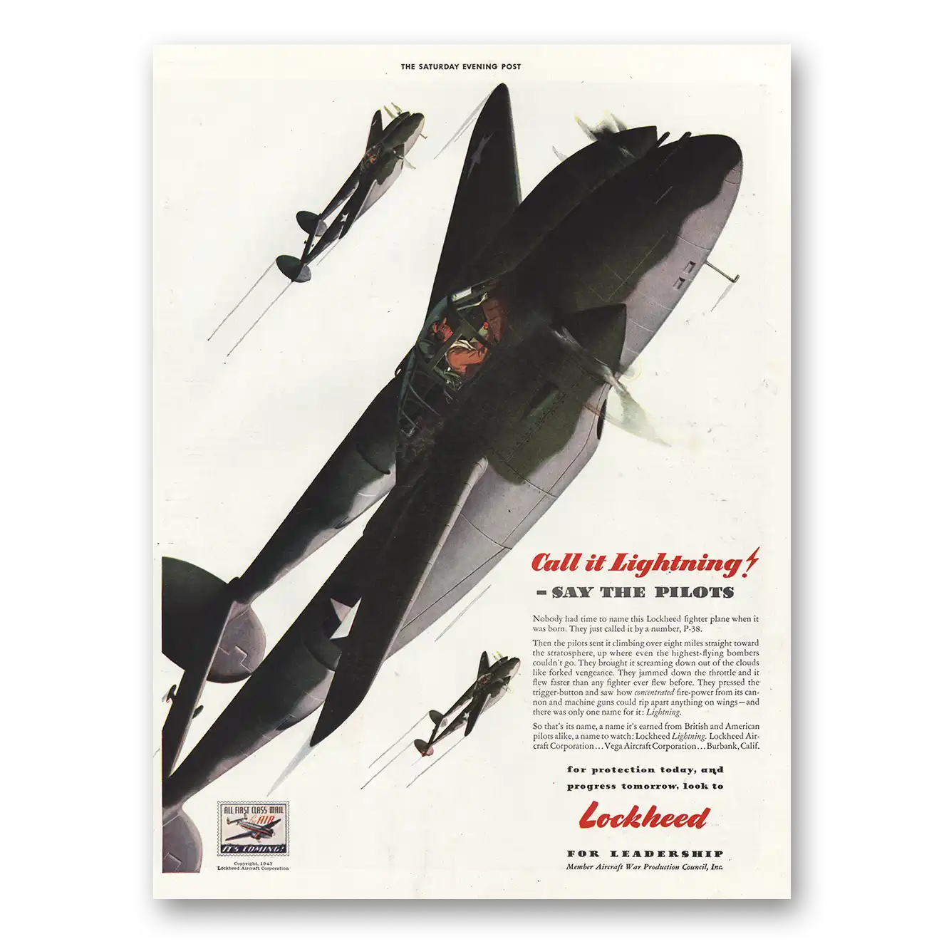 1943 Lockheed Call It Lightning Vintage Magazine Print Ad