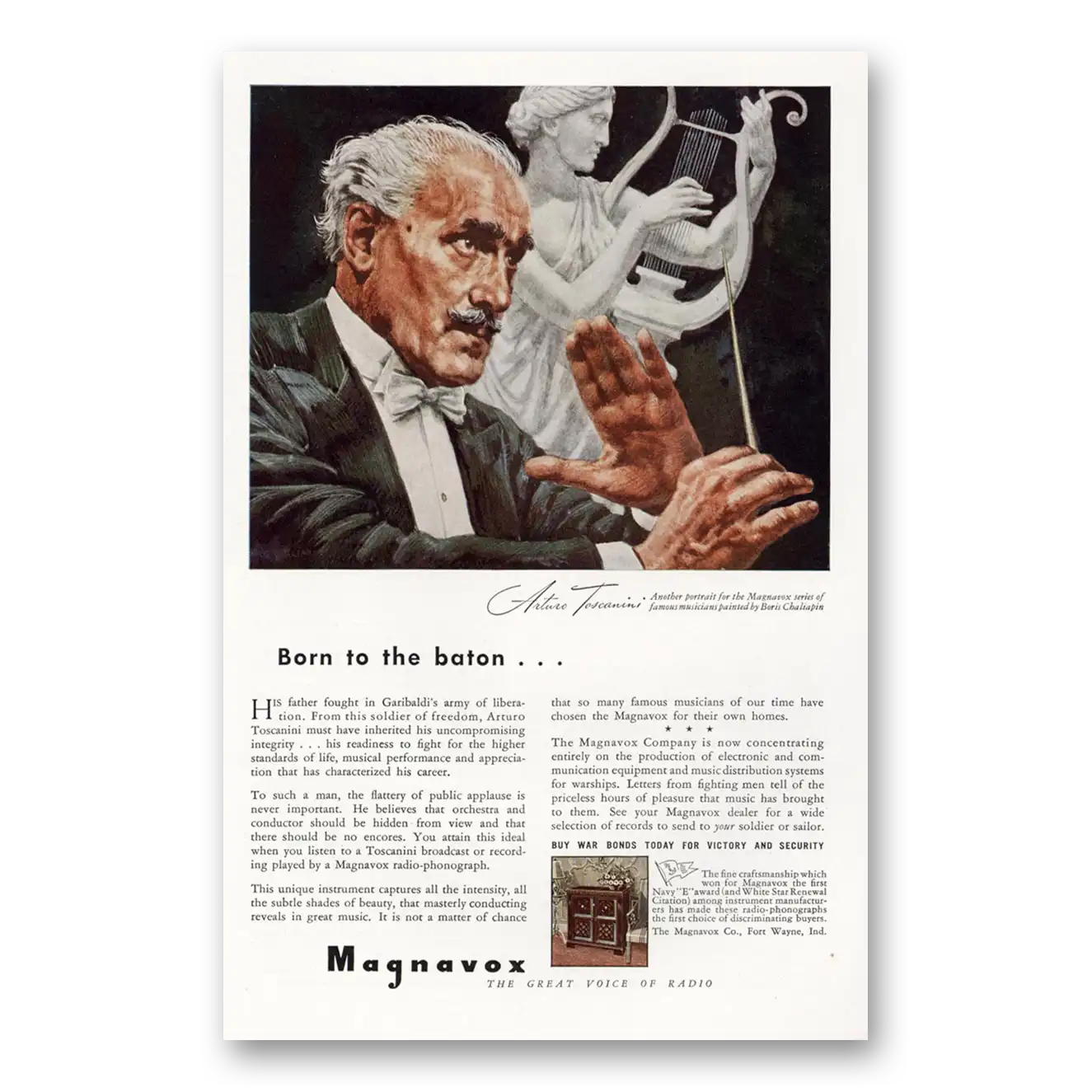 1943 Magnavox Radio Phonograph Born to the Baton Arturo Toscanini Vintage Magazine Print Ad