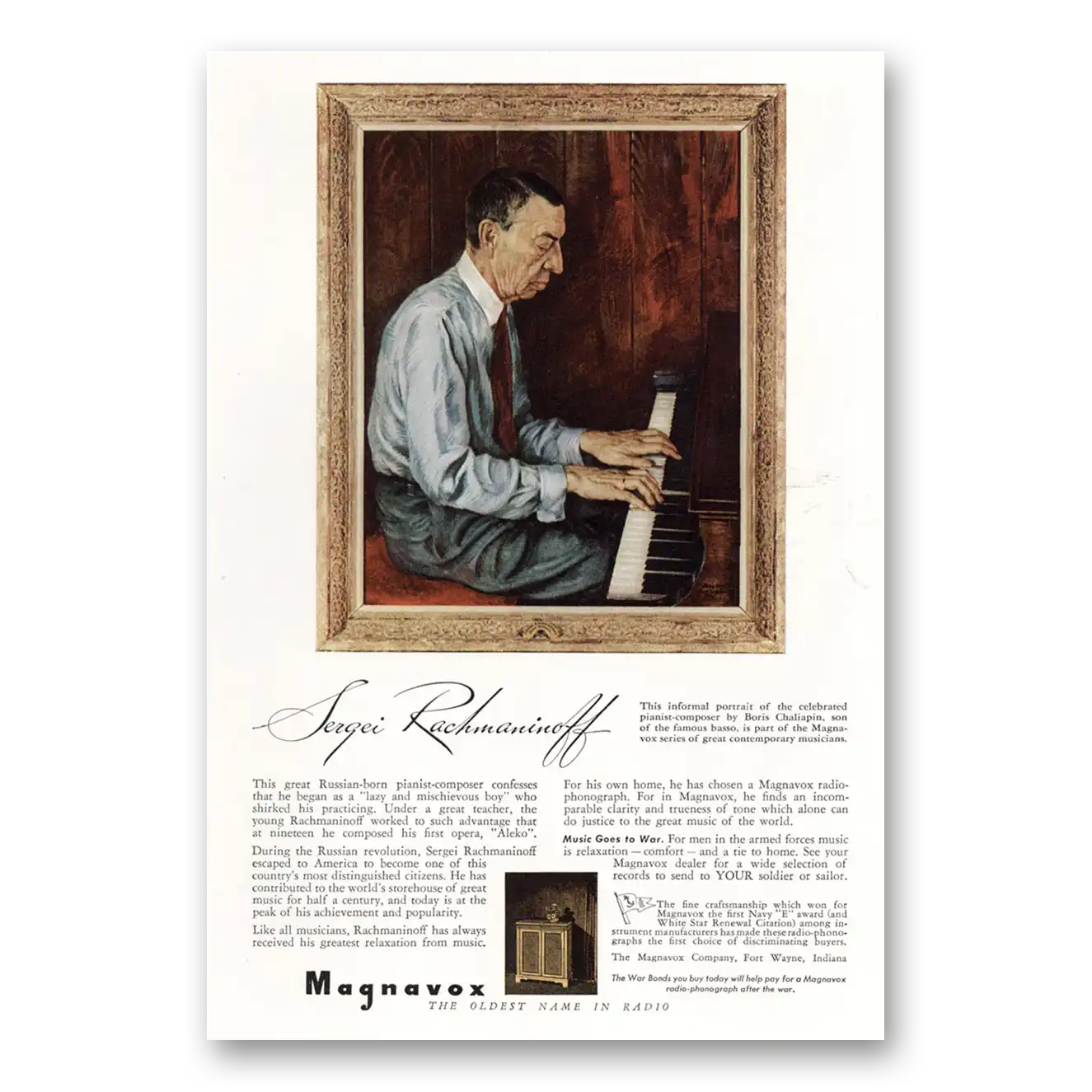 1943 Magnavox Radio Phonograph Sergei Rachmaninoff Vintage Magazine Print Ad