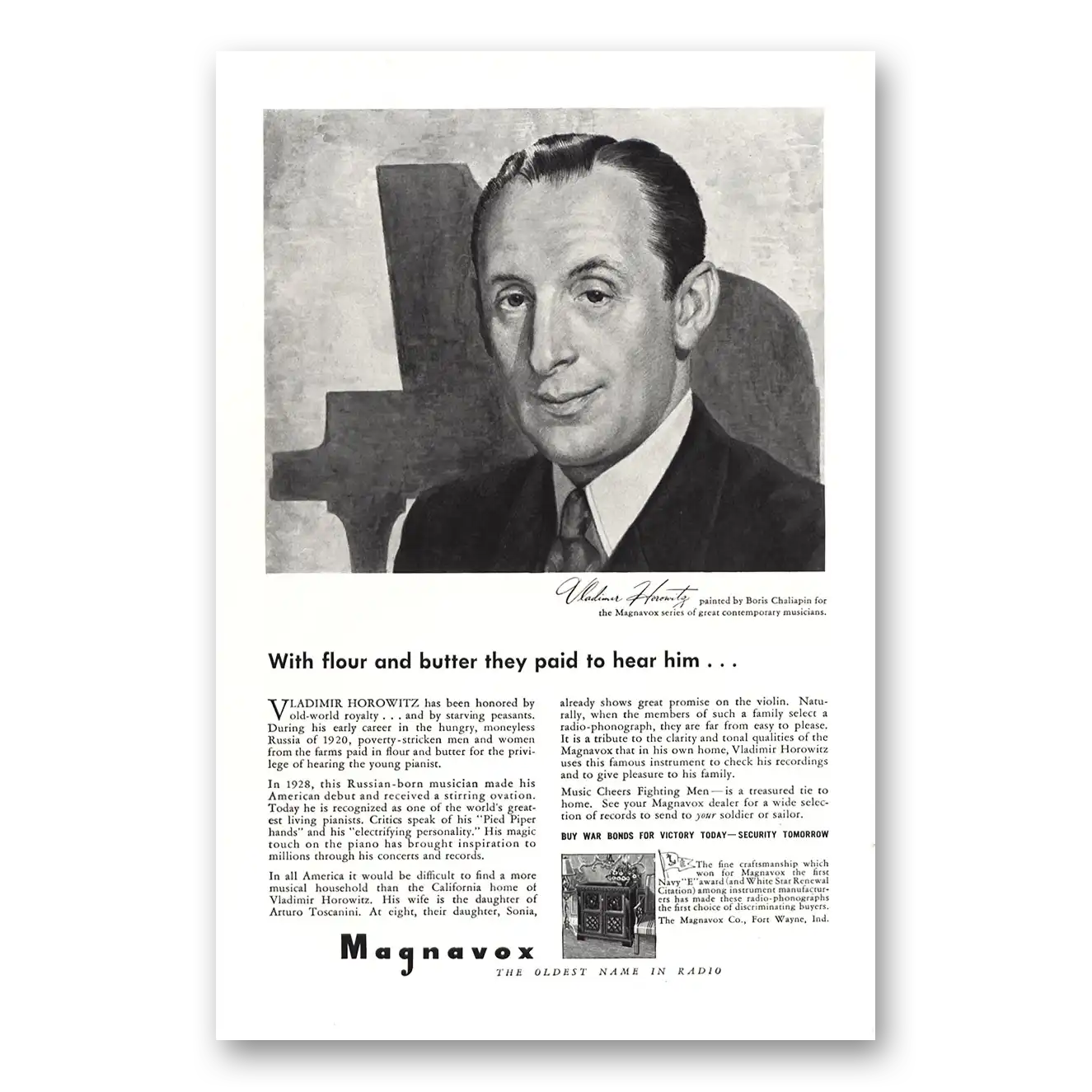 1943 Magnavox Radio Phonograph Vladimir Horowitz Flour and Butter Vintage Magazine Print Ad