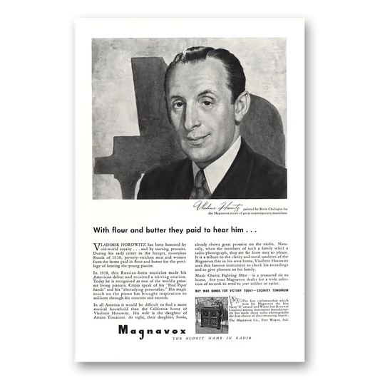 1943 Magnavox Radio Phonograph Vladimir Horowitz Flour and Butter Vintage Magazine Print Ad