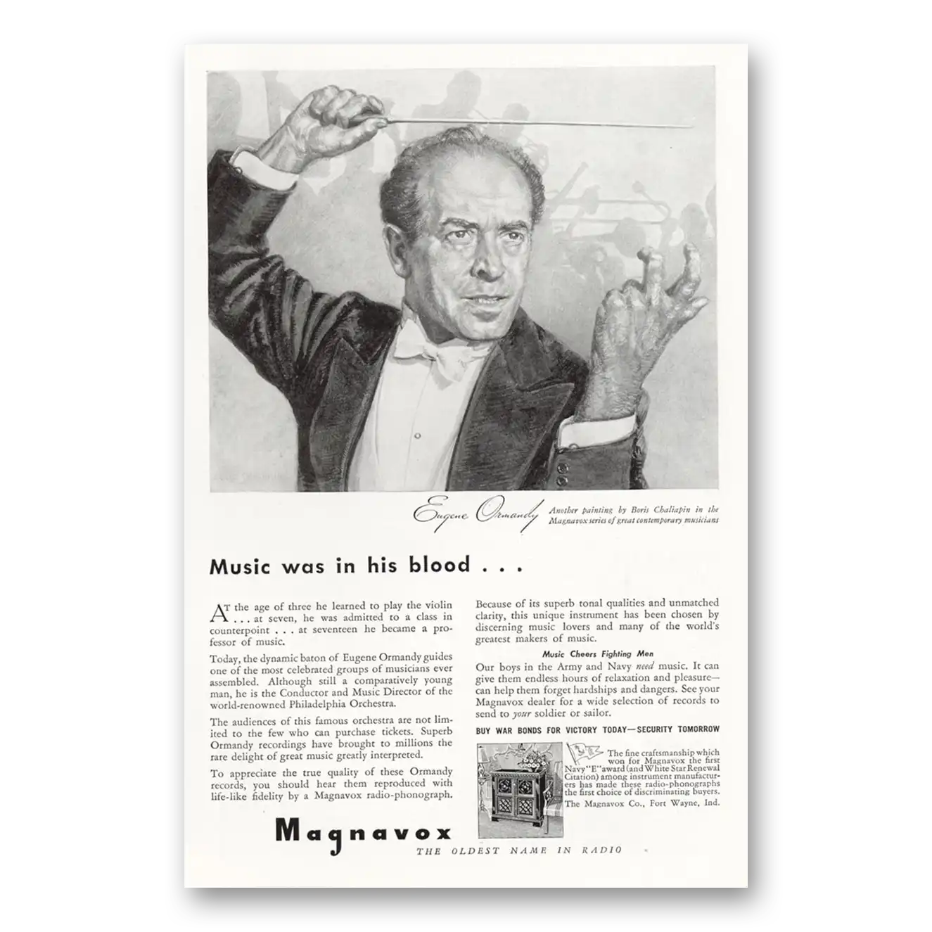 1943 Magnavox Radio Phonograph Eugene Ormandy Music Was In His Blood Vintage Magazine Print Ad