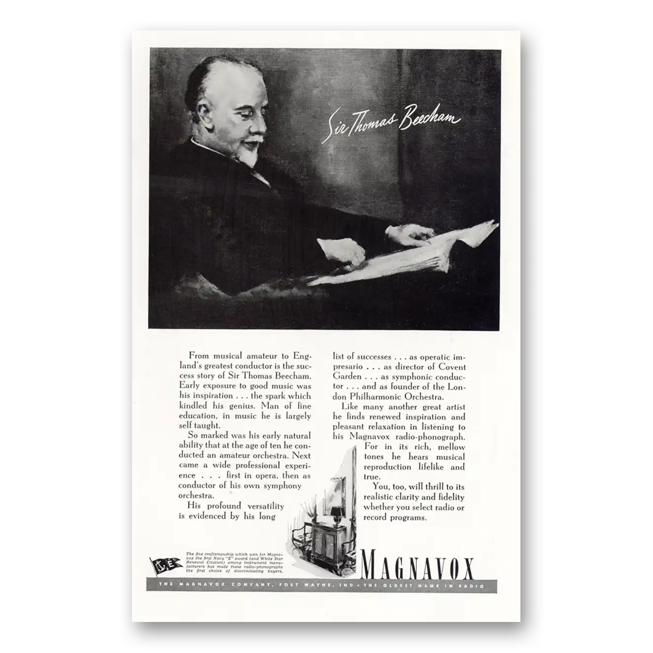 1943 Magnavox Radio Phonograph Sir Thomas Beecham Vintage Magazine Print Ad