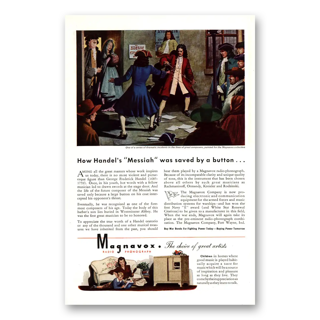 1943 Magnavox Radio Phonograph Handels Messiah Was Saved By a Button Vintage Magazine Print Ad