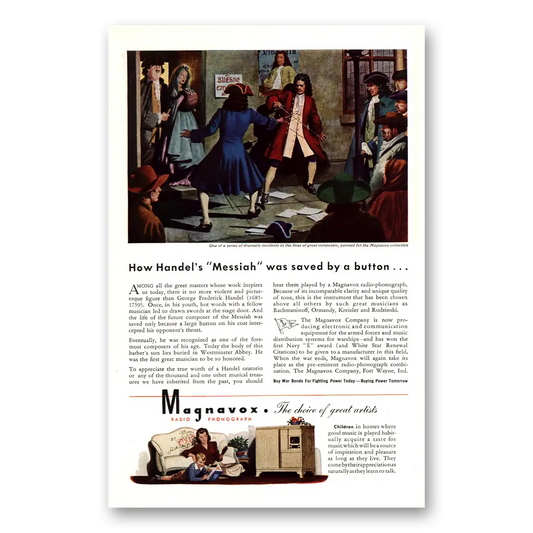 1943 Magnavox Radio Phonograph Handels Messiah Was Saved By a Button Vintage Magazine Print Ad