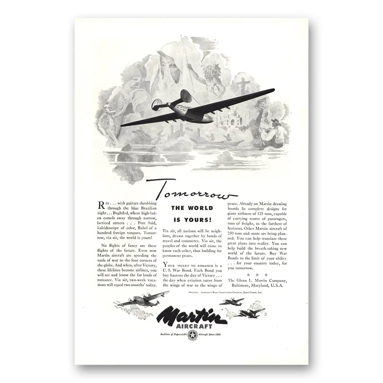 1943 Martin Aircraft Tomorrow the World is Yours Vintage Magazine Print Ad